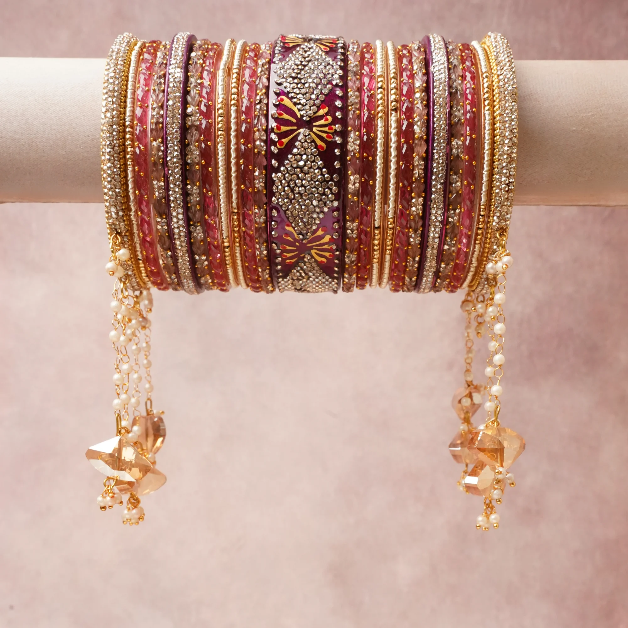 A commanding Crimson Red anchors this beautiful set, enriched with accents of Clear (Diamond), Cream, Amber, Vermillion Orange that add depth and dimension.

Featuring a striking composition of Glass, Gold-toned Metal, Rhinestones, Faux Pearls, Acrylic Beads, this set carries intricate craftsmanship and strong presence. Grand in form, it is created for moments that deserve to be marked.